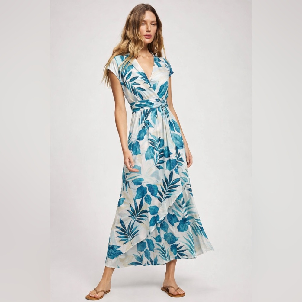 Soma Weekend Serenity Maxi Bra Dress Blue and White Leaf Print Maxi Dress XS
